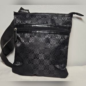 Hearts Print, Shiny Black Fabric Crossbody Bag